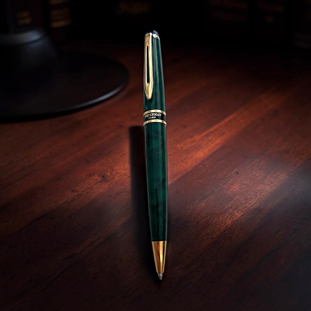 Waterman Paris Green Marble Ballpoint Pen Gold Trim Vintage France